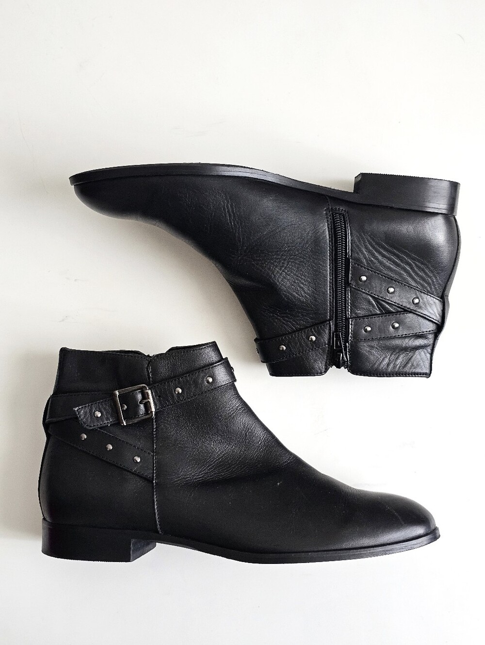 Anna Lenci Women 9.5 Black Leather Ankle Boots Studded Buckle Made Italy